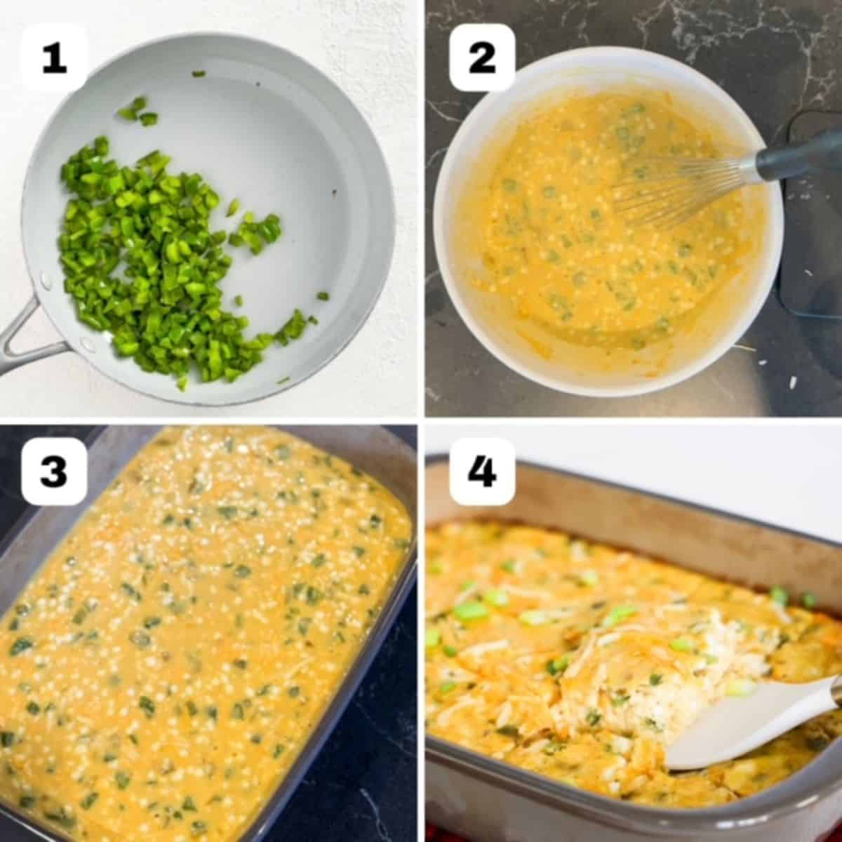 A collage with four numbered images showing how to make an egg casserole with green chiles.