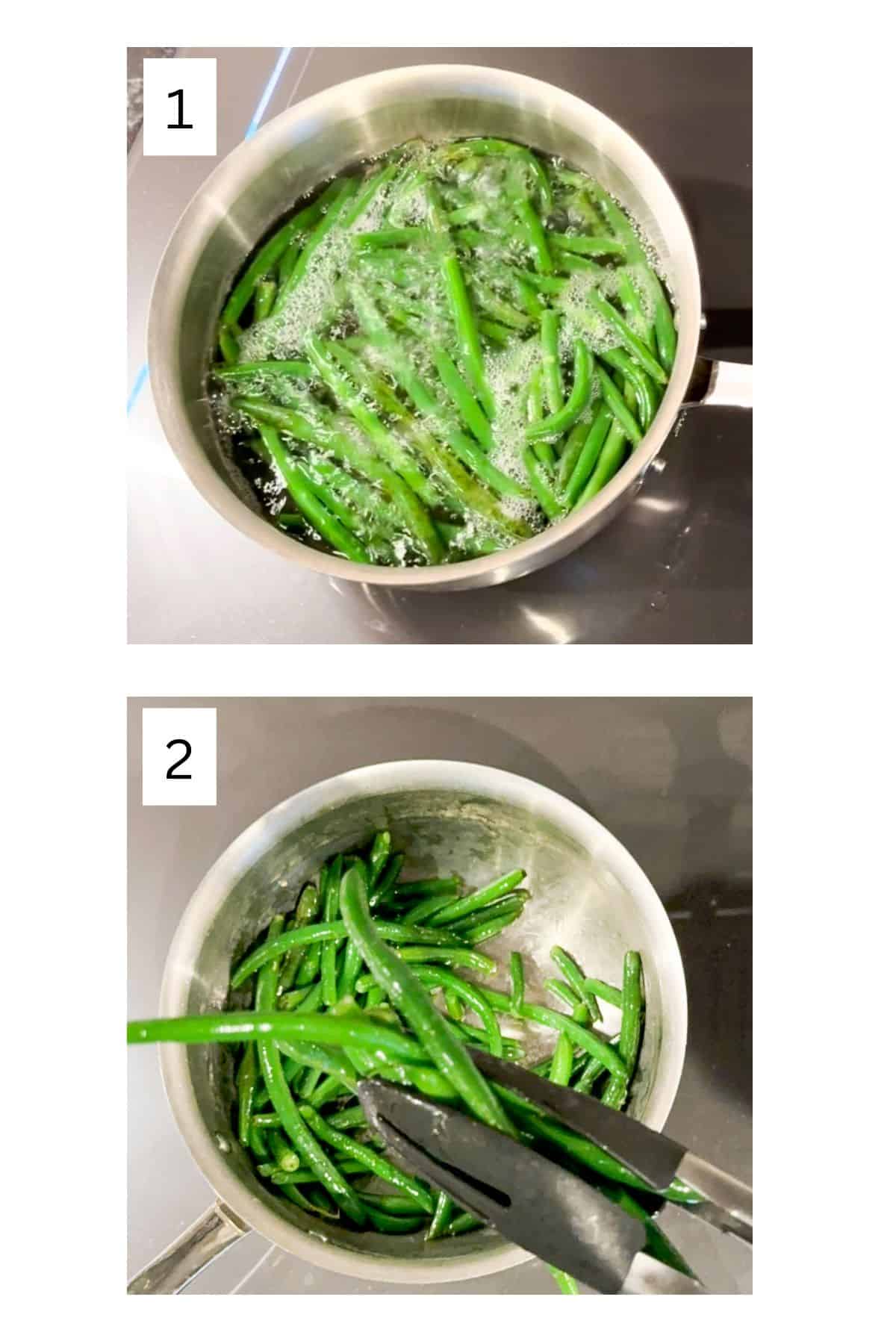 Two process images showing how to make sauteed green beans by blanching them first.