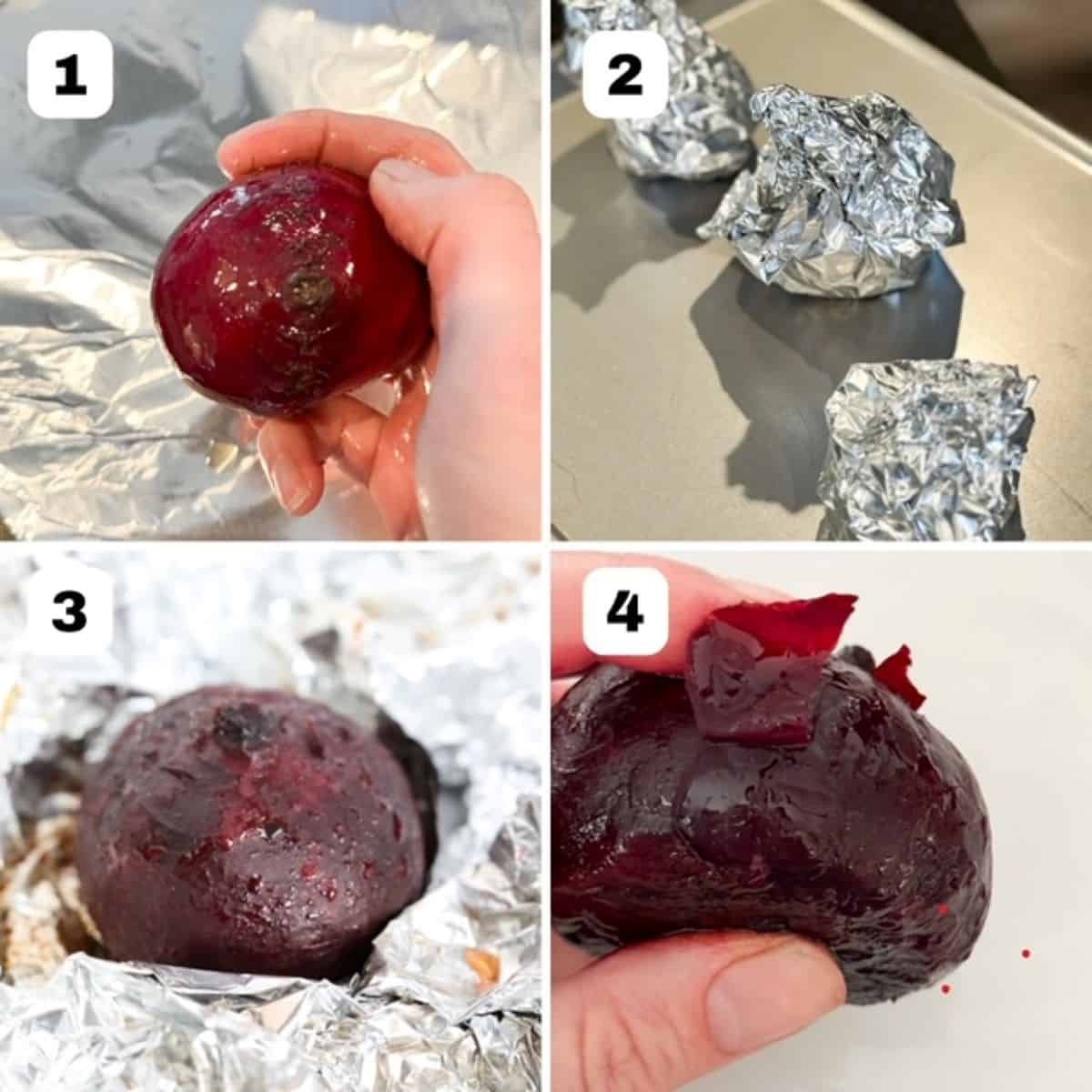 Four numbered images showing how to make roasted beets in foil.