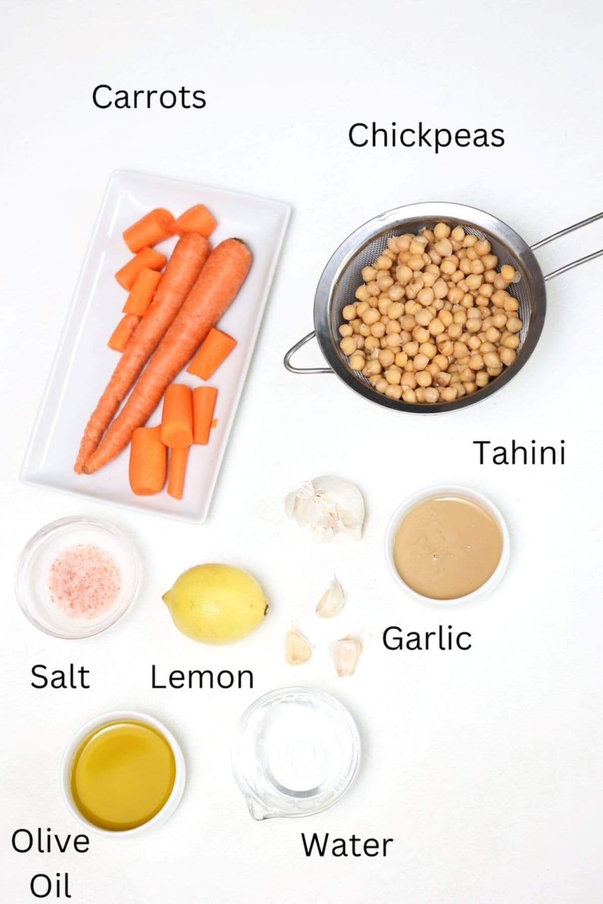 Carrot hummus recipe ingredients, labeled.