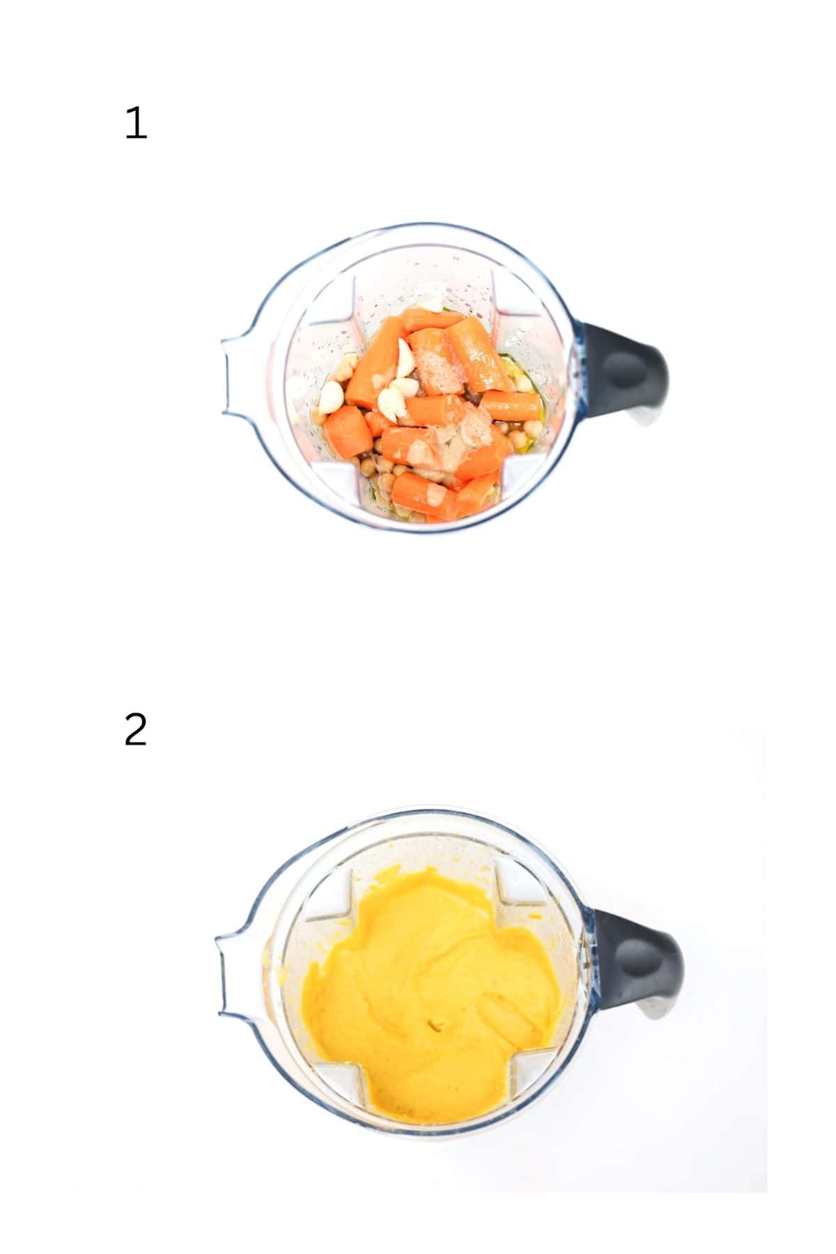 Two numbered images showing how to make carrot hummus in a blender.