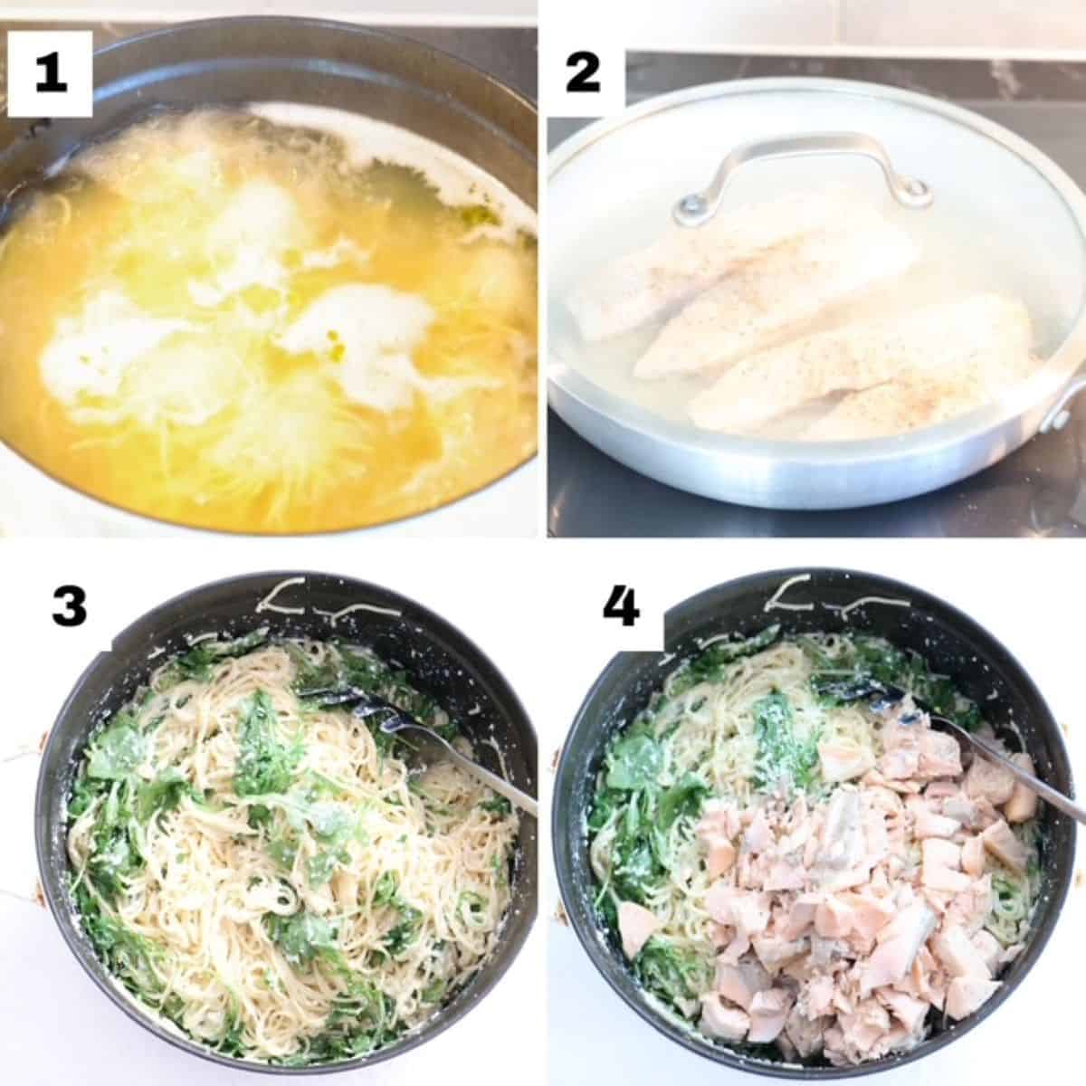 Four numbered images showing how to make lemon ricotta pasta with salmon.