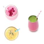 Three images of fruit smoothies with straws.