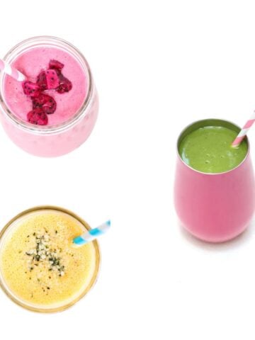 Three images of fruit smoothies with straws.