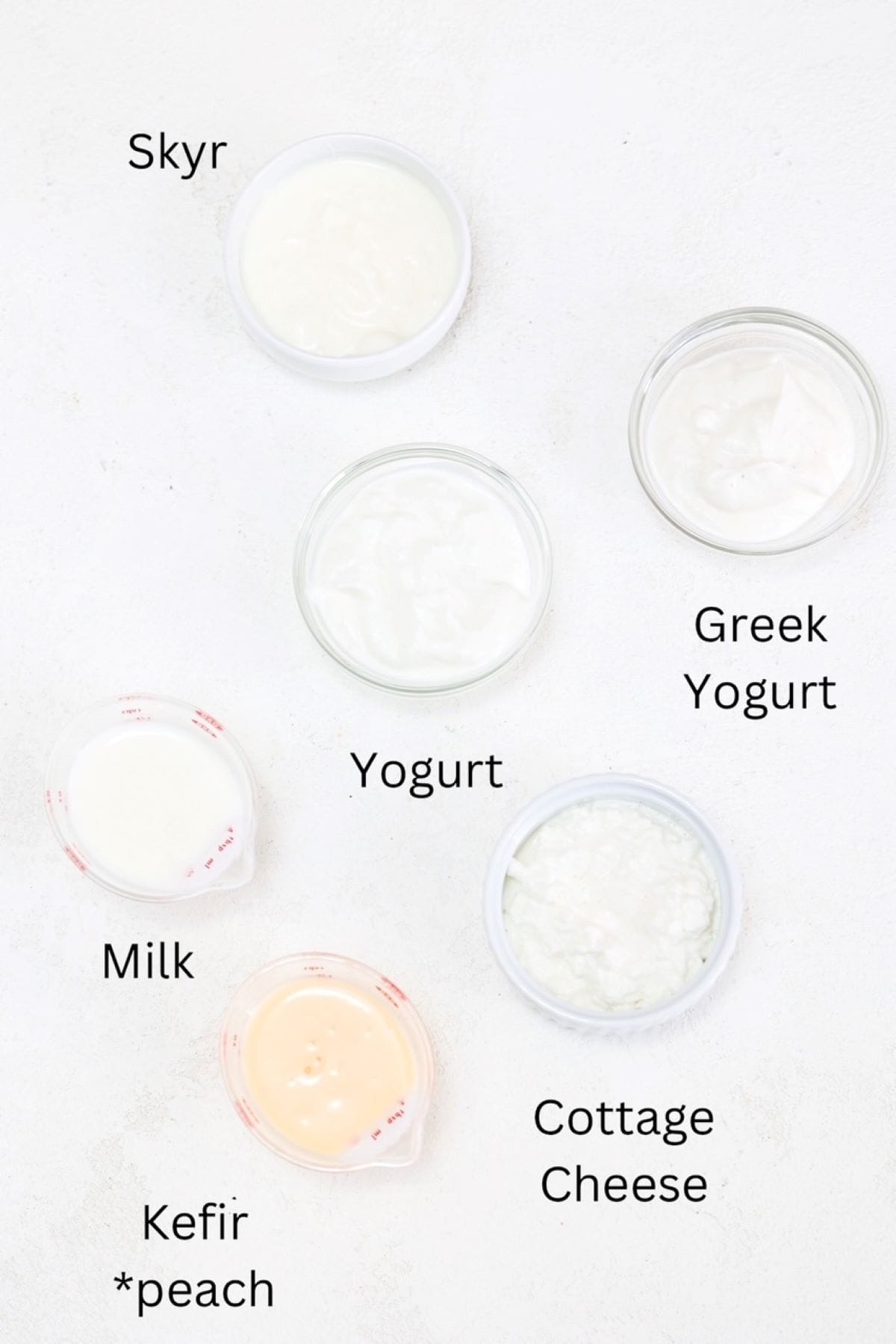 A variety of dairy products in small dishes, labeled.