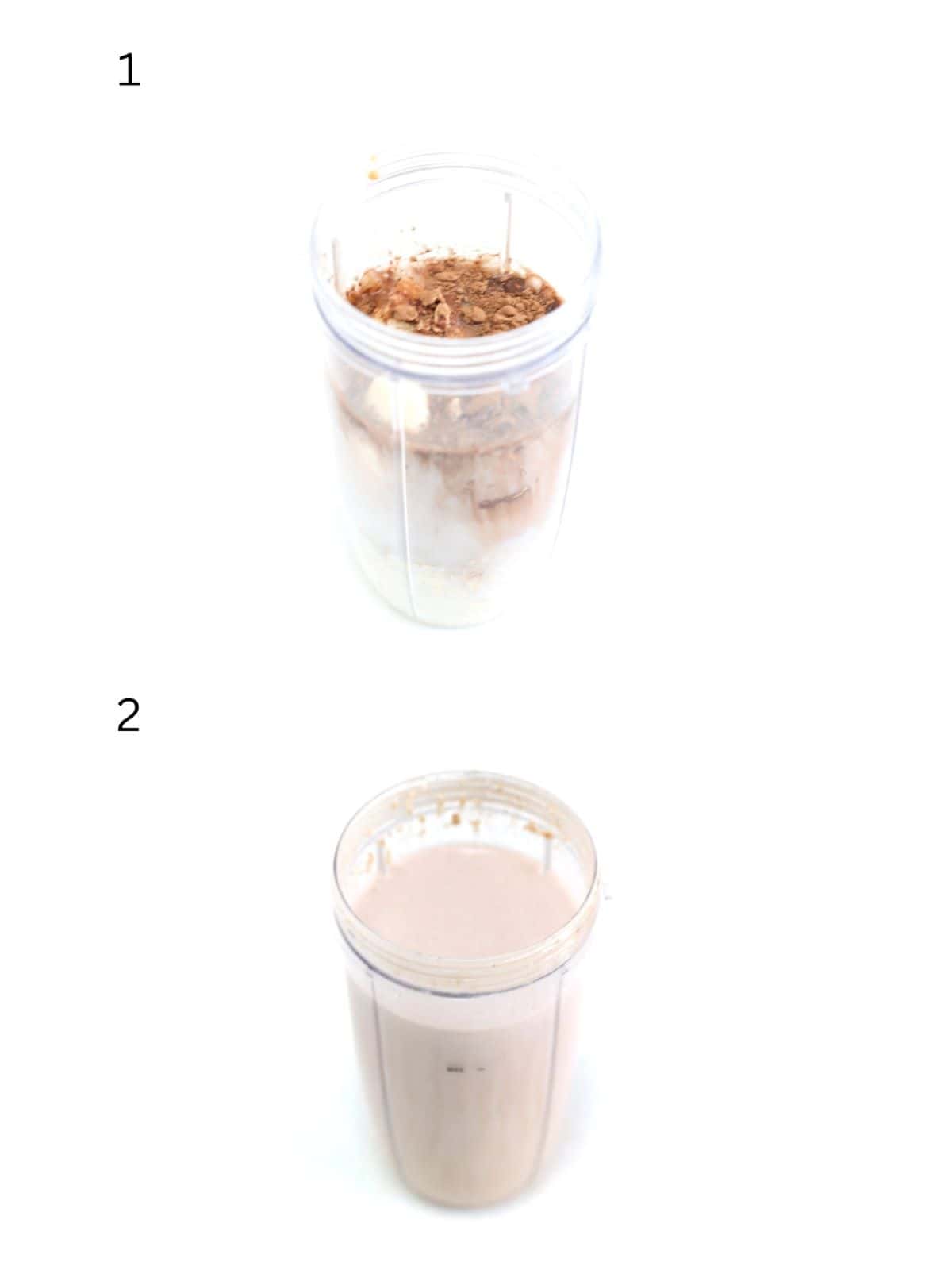 Two numbered images showing how to make a peanut butter banana oatmeal smoothie in a NutriBullet Pro blender.