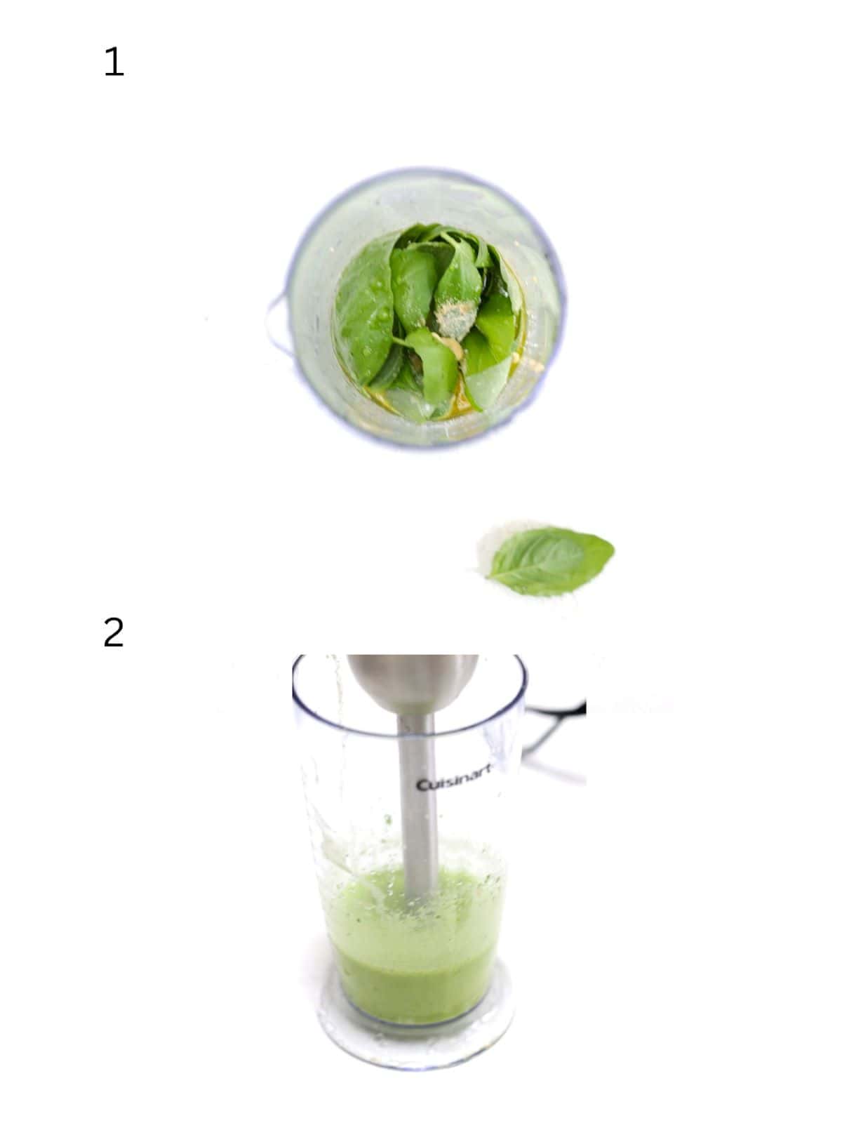 Two numbered images showing how to make basil balsamic dressing with an immersion blender.