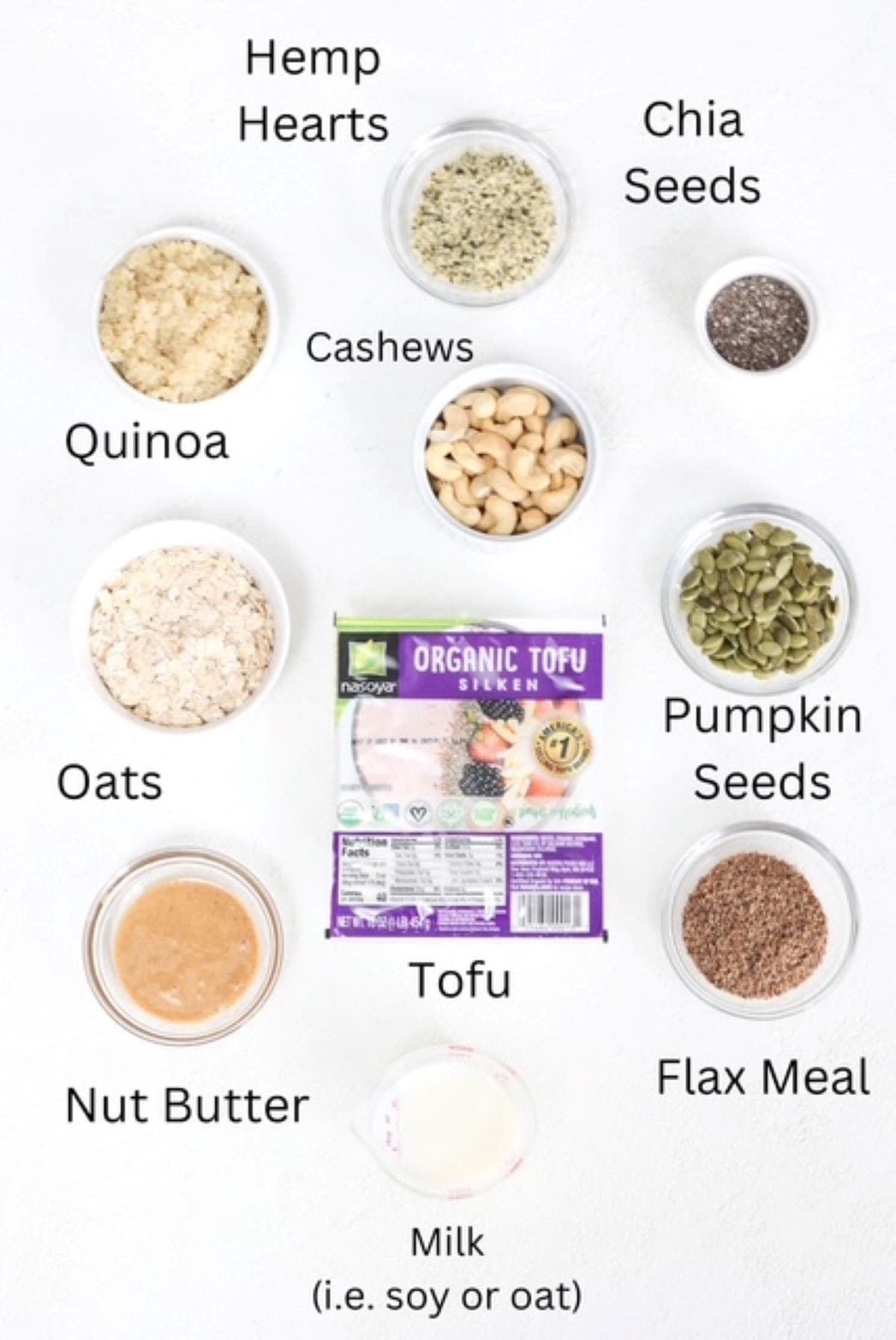 A variety of non-dairy ingredients in separate small prep bowls, labeled.