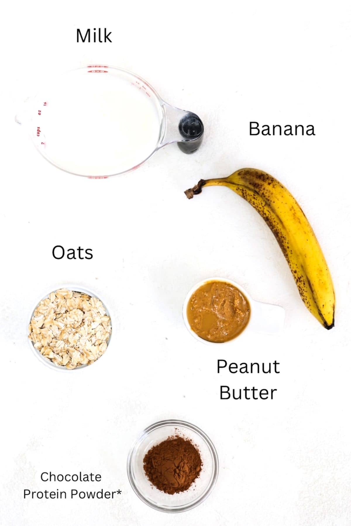 Peanut Butter Banana Oatmeal Smoothie ingredients, labeled.