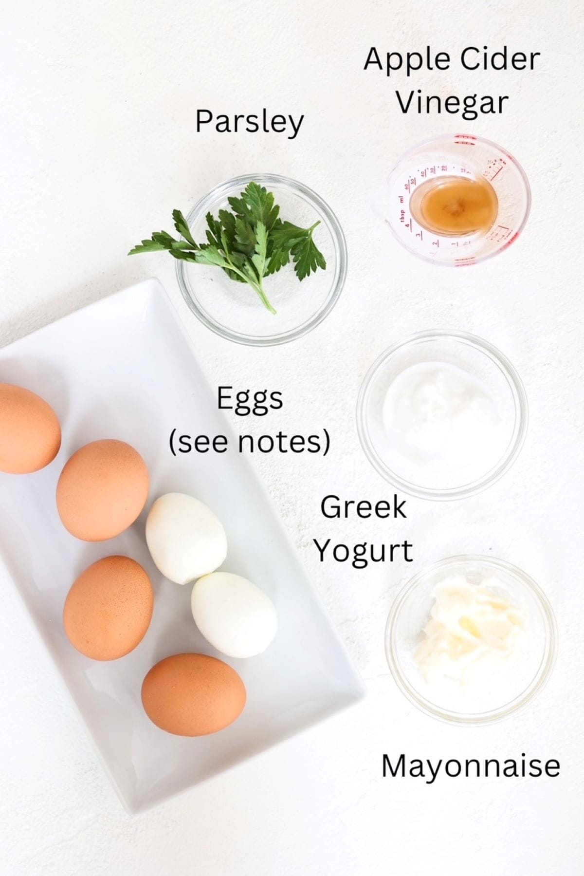 Ingredients for making Deviled Eggs Without Mustard, labeled.