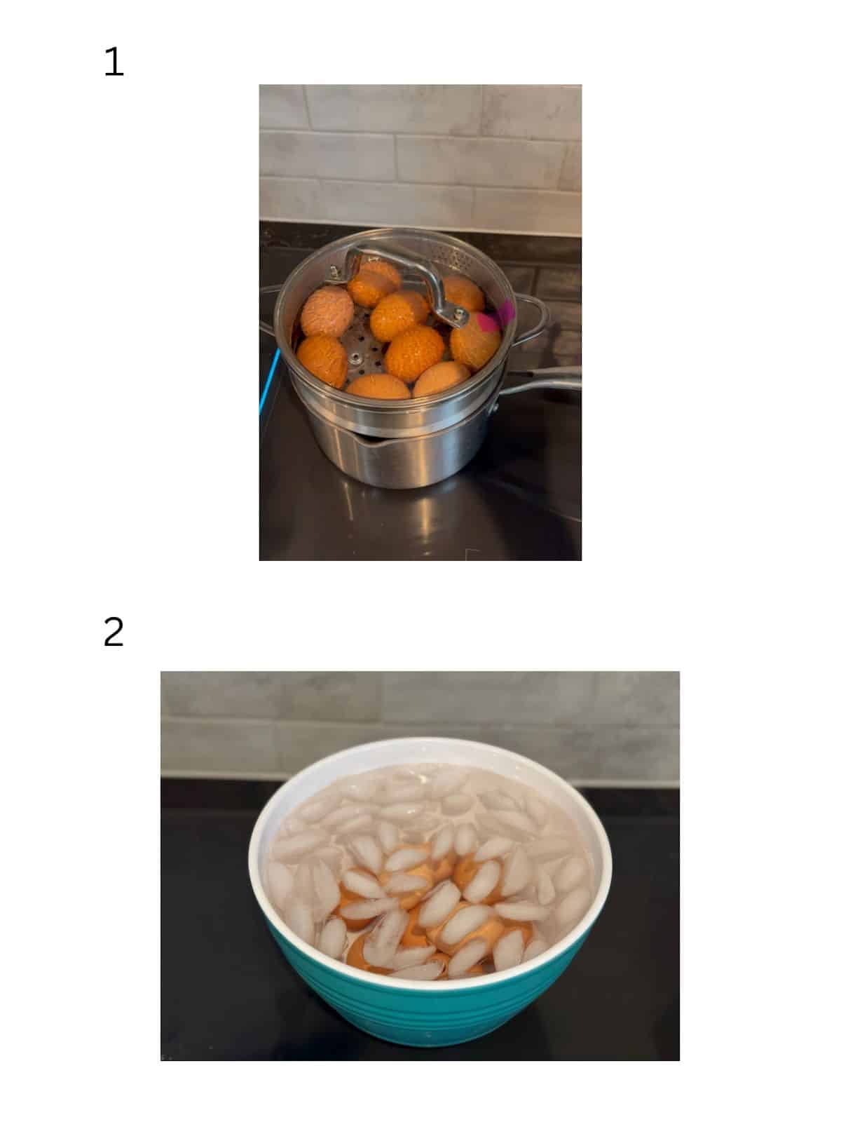 Two numbered images showing how to make steamed hard-boiled eggs.