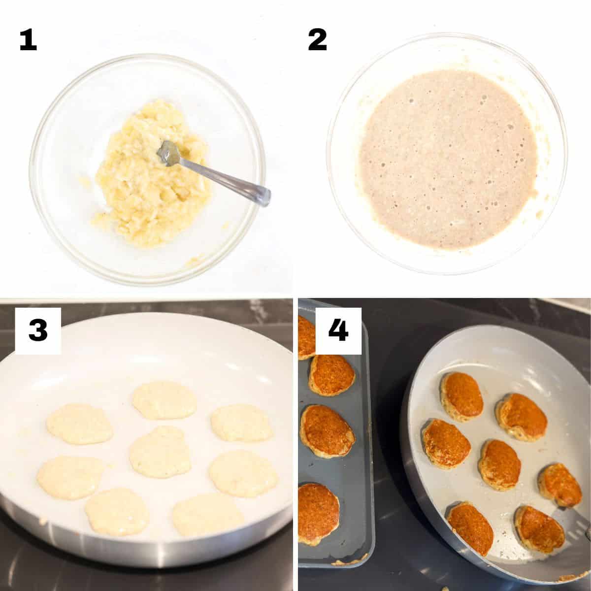 Four numbered images showing how to make mini banana pancakes.
