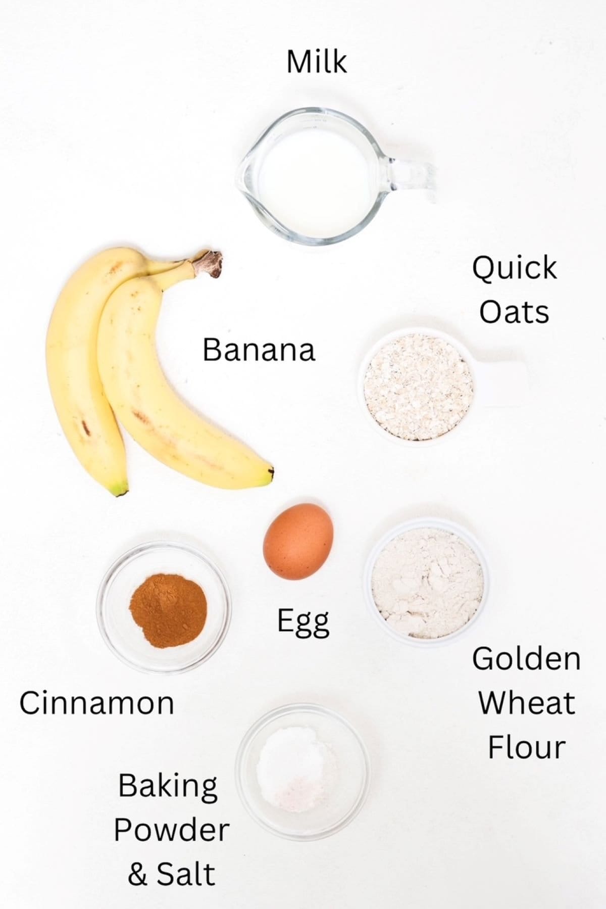 Mini banana pancake ingredients, labeled.