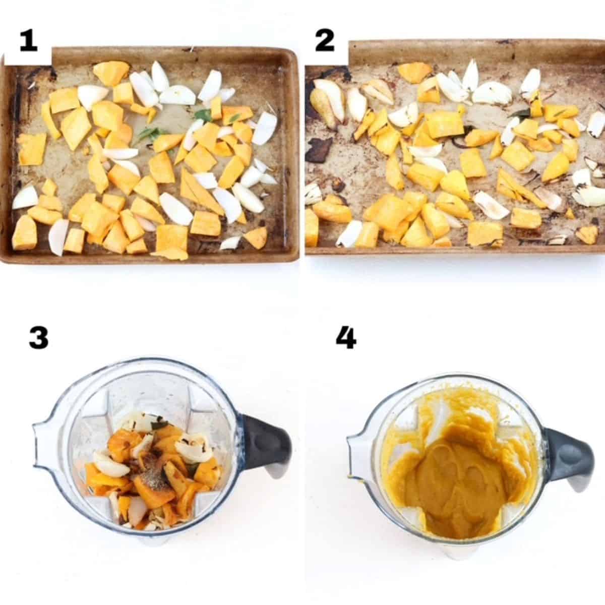 Four numbered images showing how to make butternut squash pasta sauce.