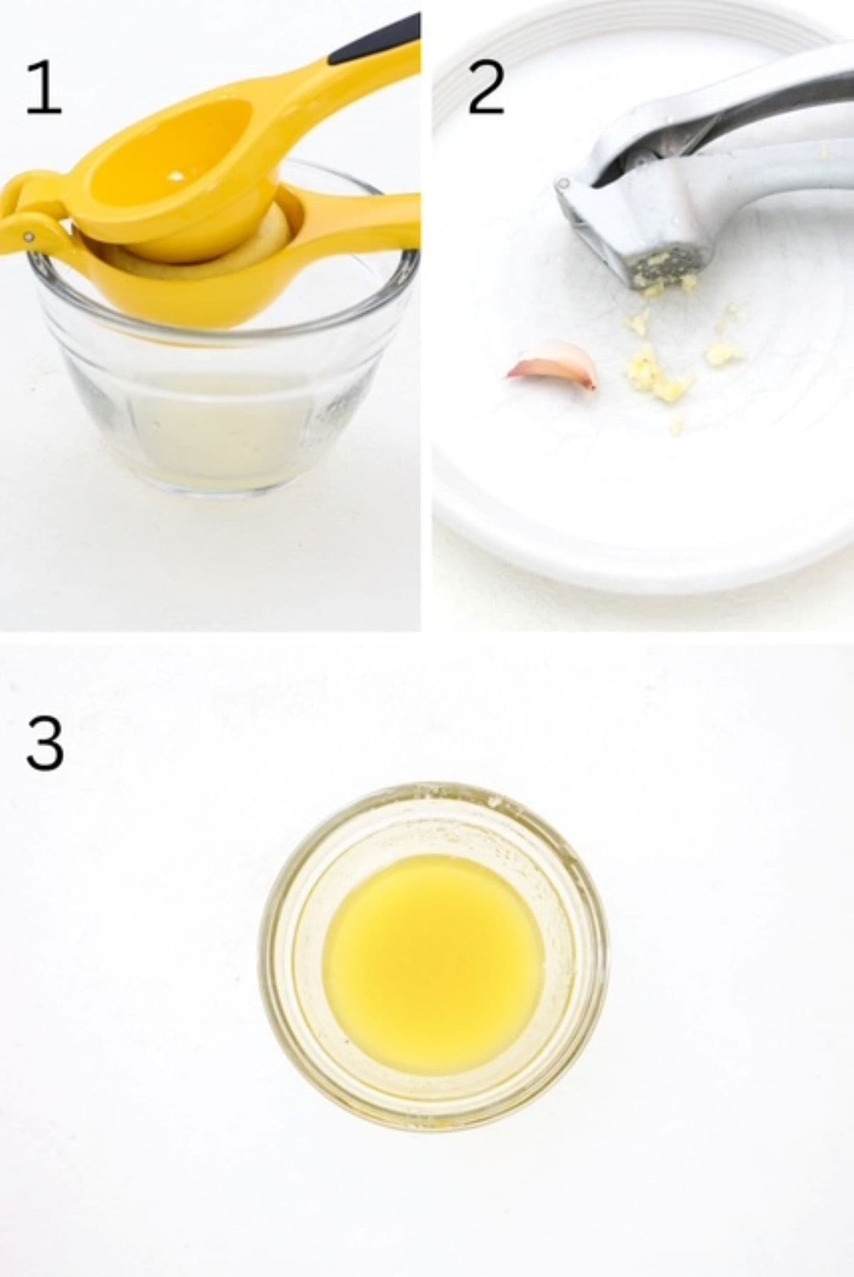 Three numbered images showing how to make a lemon garlic salad dressing using fresh lemon and freshly minced garlic.