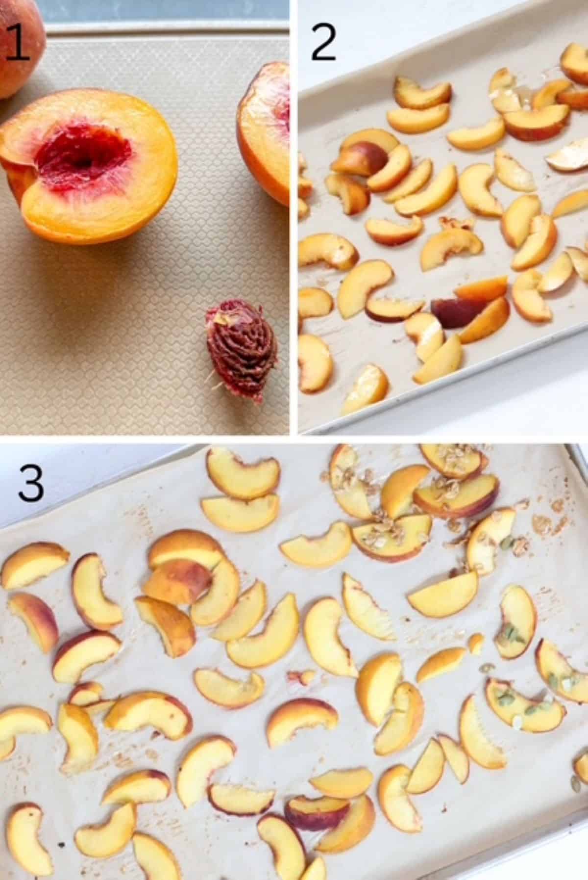Three numbered images showing how to make roasted peach slices.