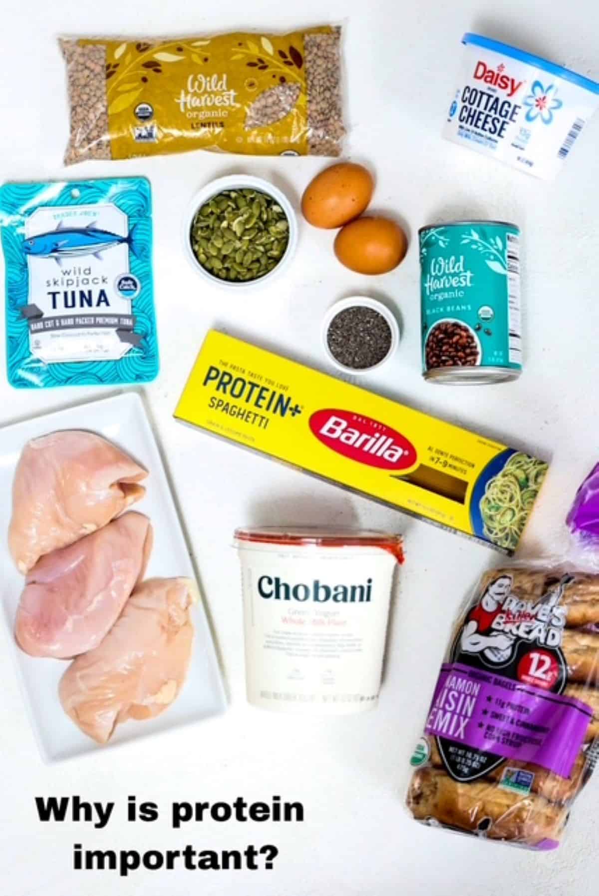 A variety of foods that contain protein on a white board.