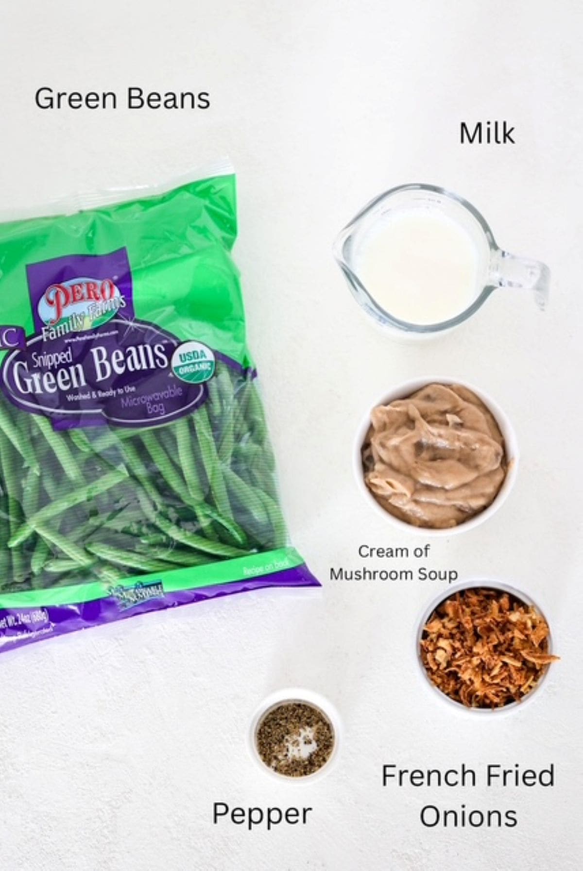 Ingredients for making green bean casserole with fresh green beans, labeled.