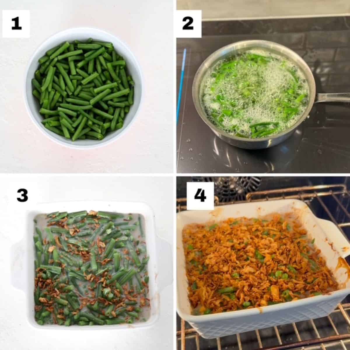 Four numbered images showing how to make green bean casserole with fresh green beans.