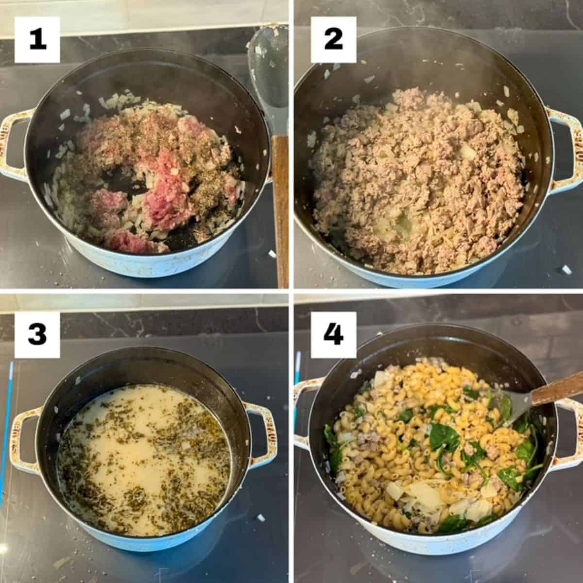 Four numbered images showing how to make ground turkey pasta in a Dutch oven.