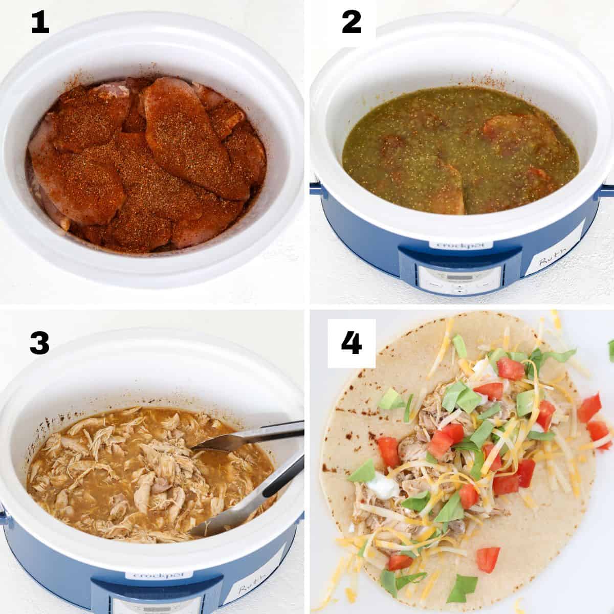 Four numbered images showing how to make chicken tacos using a slow cooker.