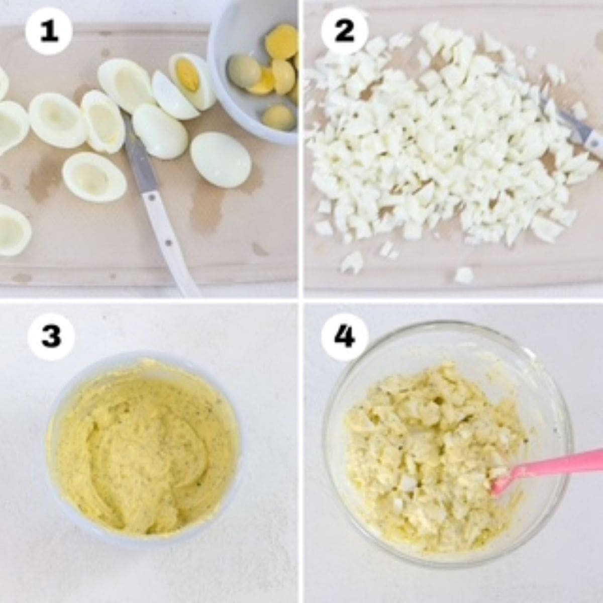 Four numbered images showing how to make a simple egg salad recipe.