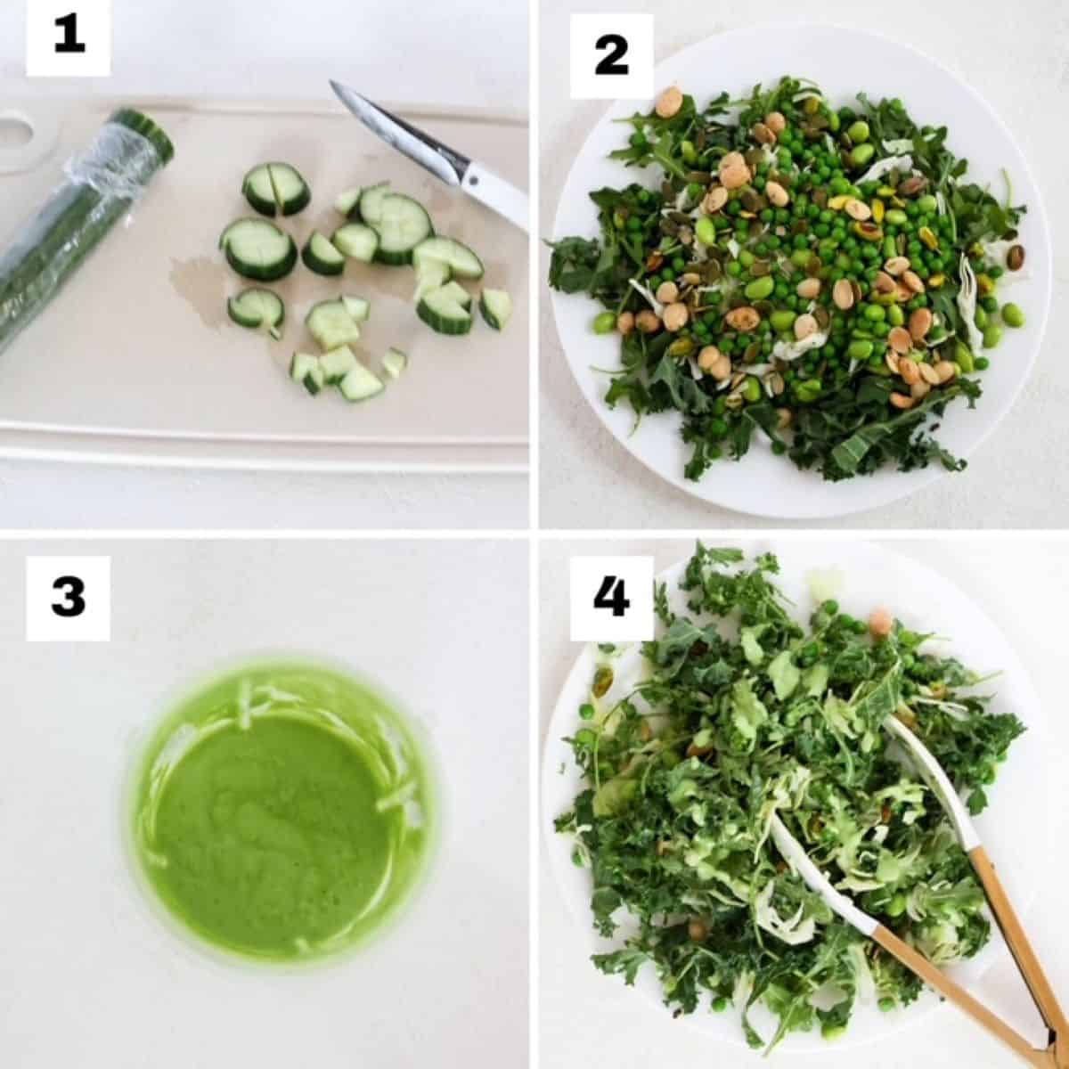 Four numbered images showing how to make a green goddess salad.