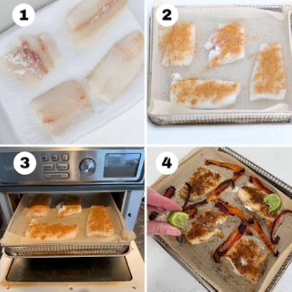 Four numbered images showing how to bake cod in an air fryer.