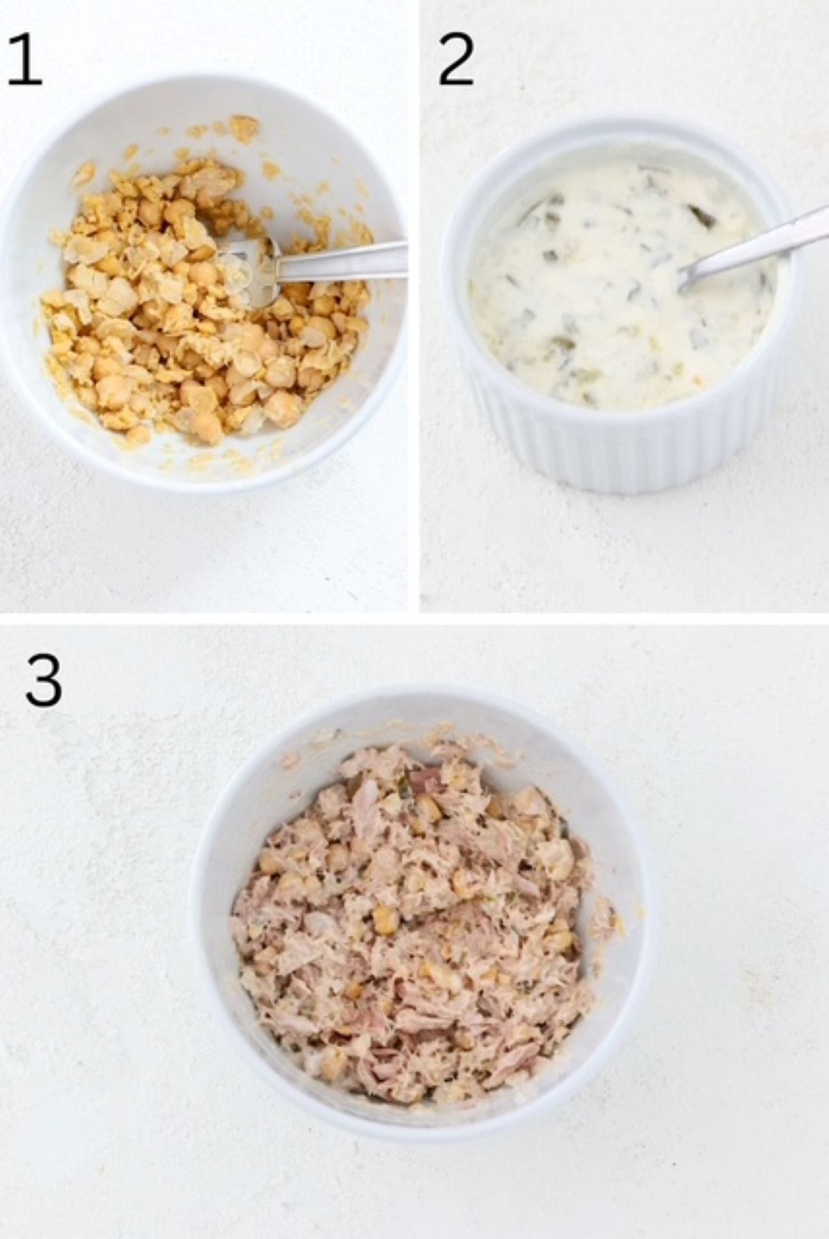 Three numbered images showing how to make Tuna and Chickpea Salad.