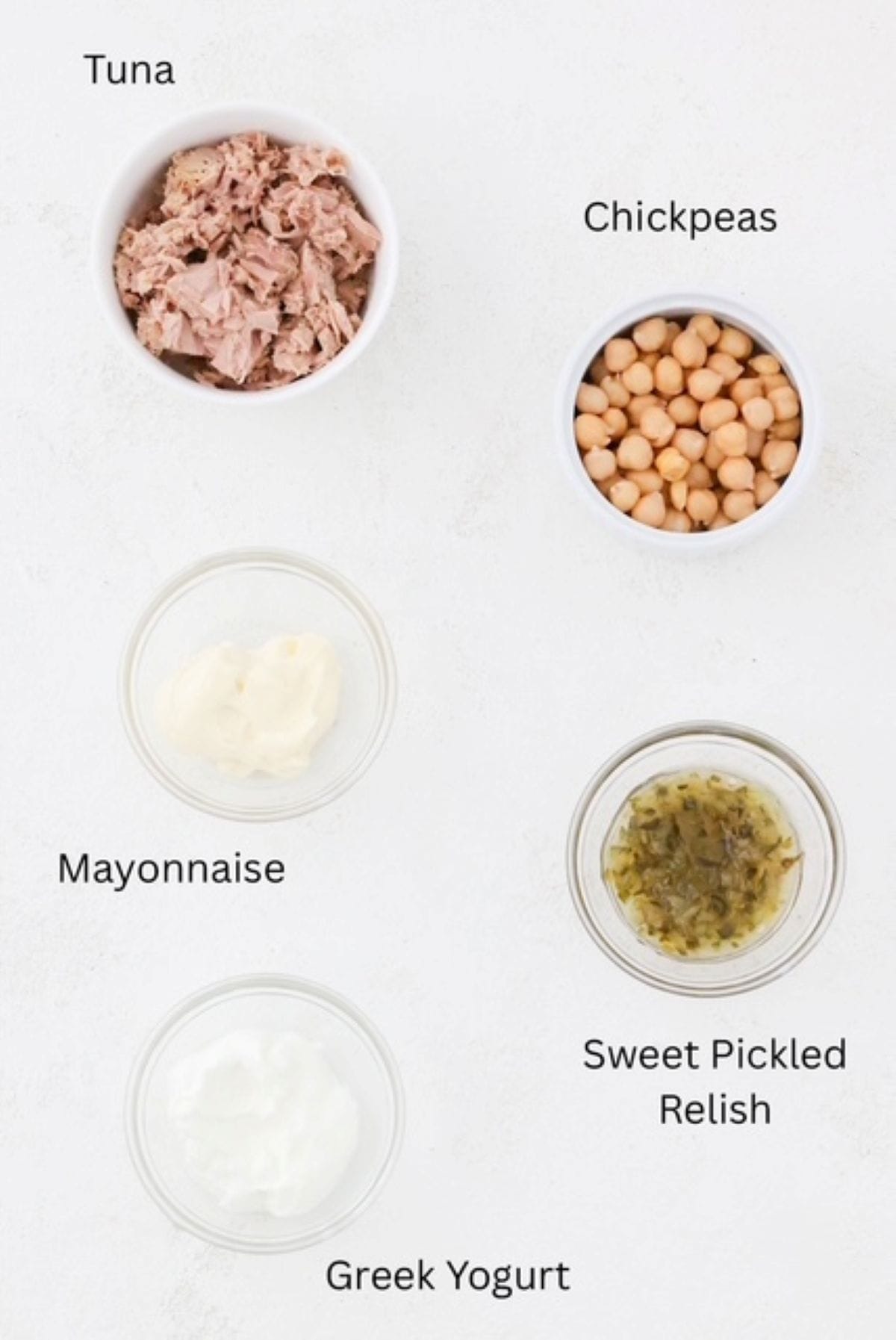 Ingredients for making tuna chickpea salad, labeled.