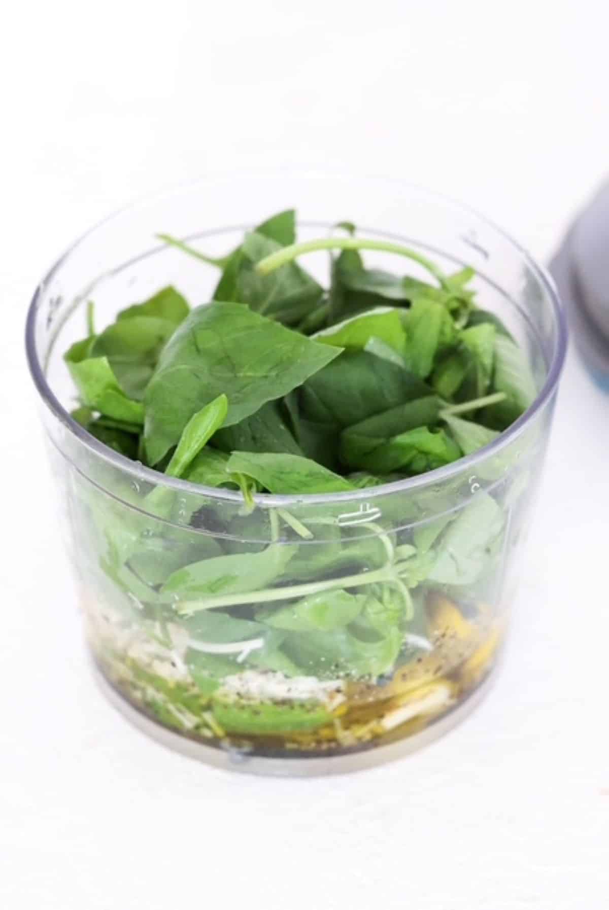 Zucchini pesto ingredients in a food processor container.
