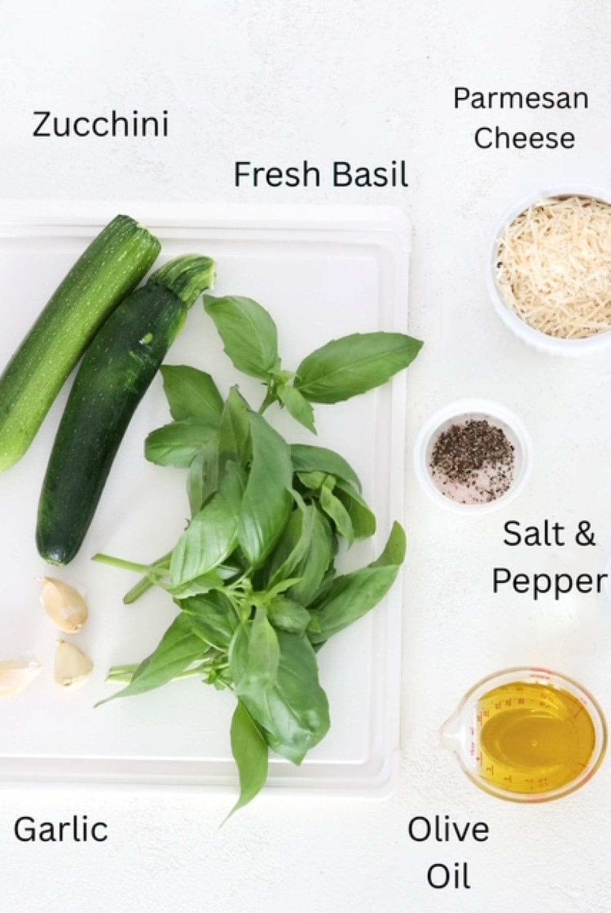 Zucchini Pesto ingredients, labeled.