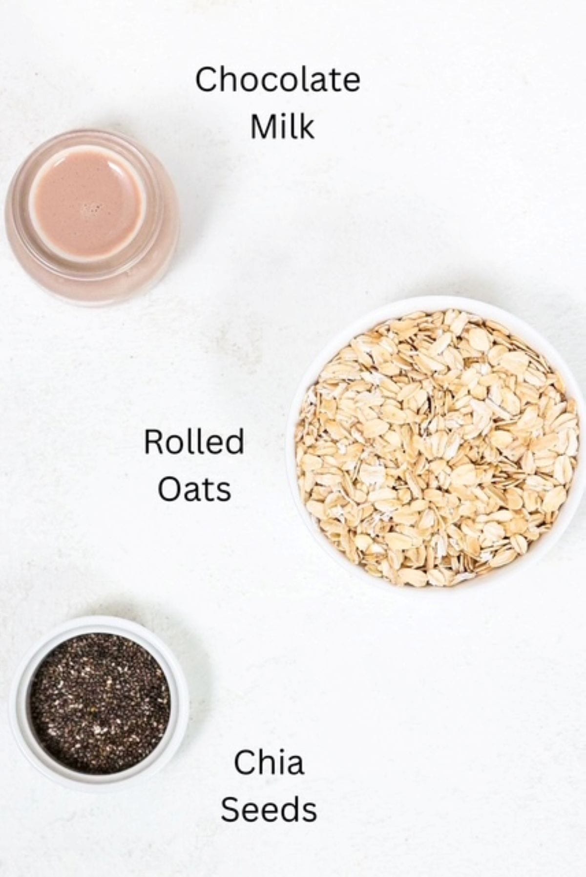 Chocolate overnight oats ingredients, labeled.