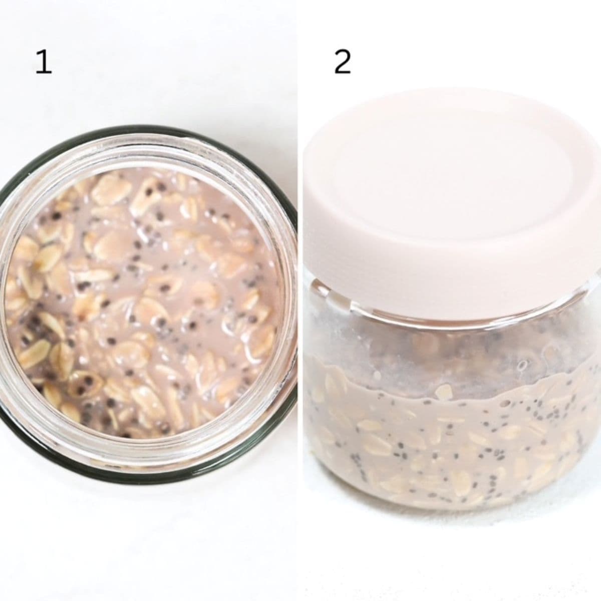 Two numbered images side-by-side showing how to make chocolate overnight oats.
