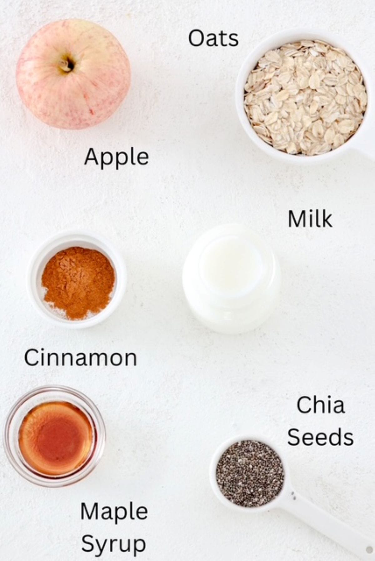 Ingredients to make Apple Cinnamon Overnight Oats, labeled.