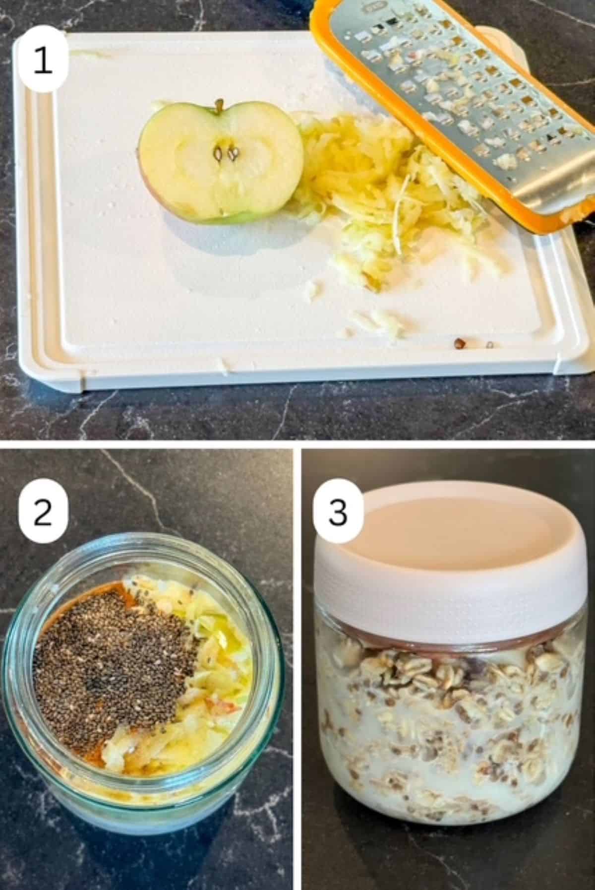 Three numbered images showing how to make Apple Cinnamon Overnight Oats.