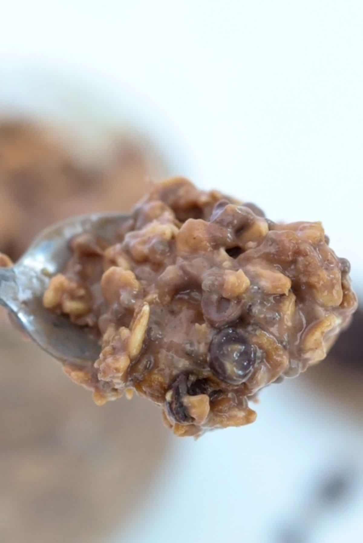 Triple Chocolate Peanut Butter Overnight Oats on a spoon.