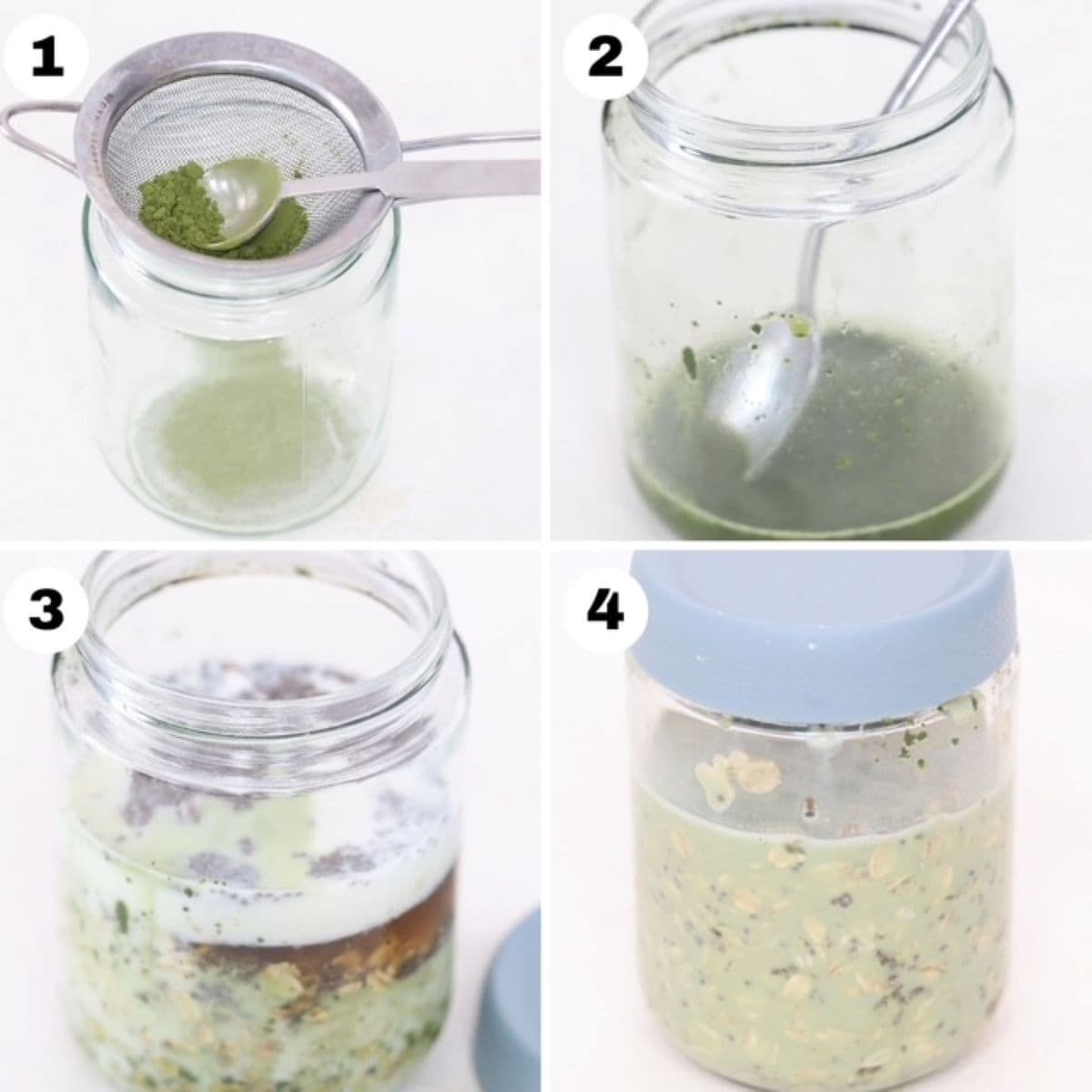 Four numbered images showing how to make matcha overnight oats.