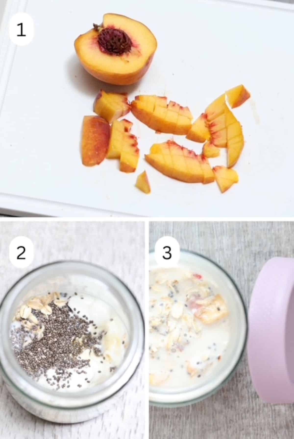 Three numbered images showing how to make Peaches and Cream Overnight Oats.