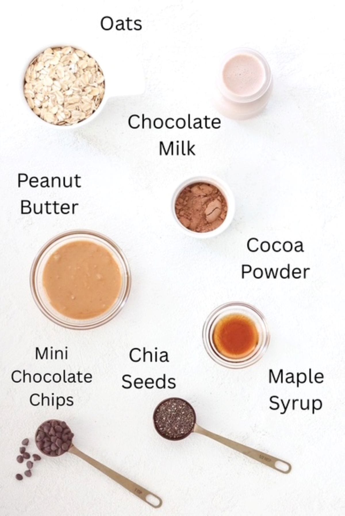 Chocolate peanut butter overnight oats ingredients, labeled.