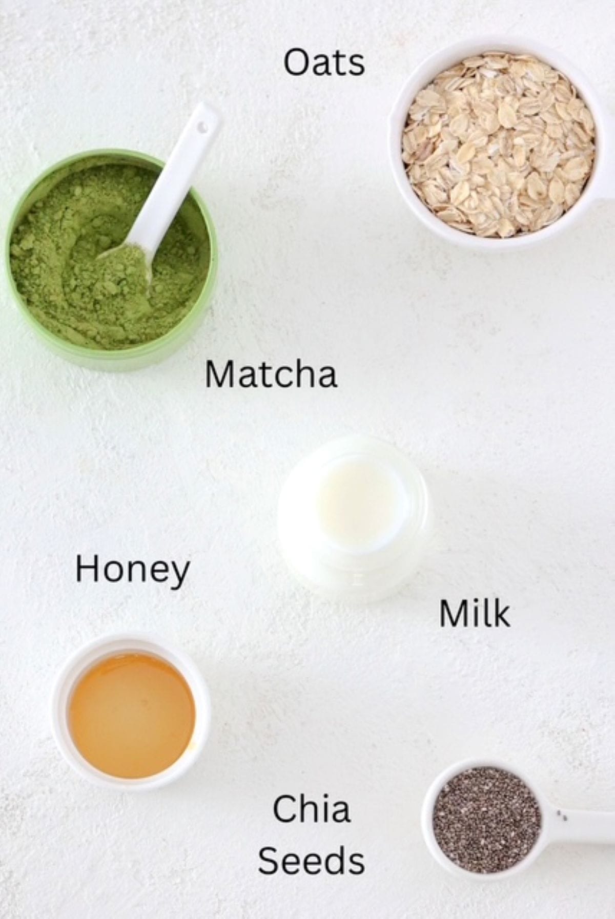 Matcha Overnight Oats ingredients, labeled.