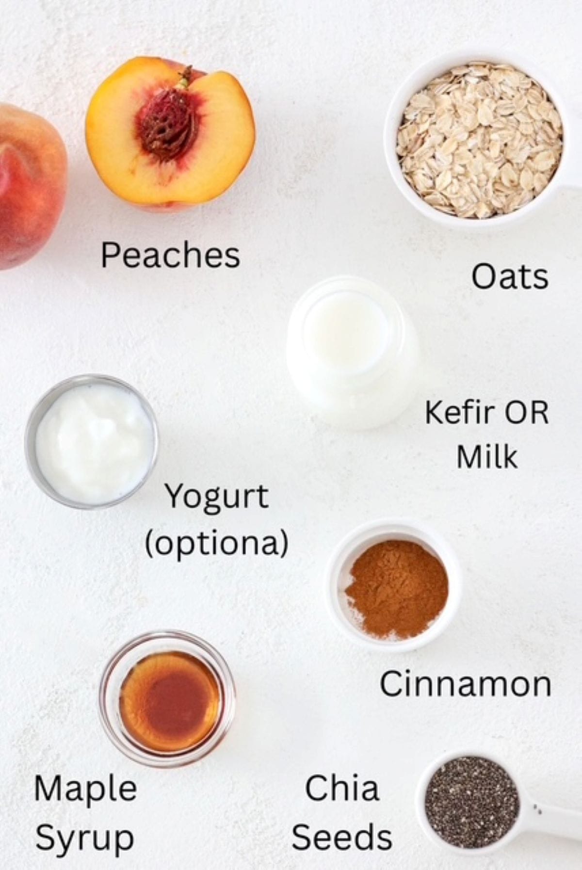 Peaches and Cream Overnight Oats ingredients, labeled.