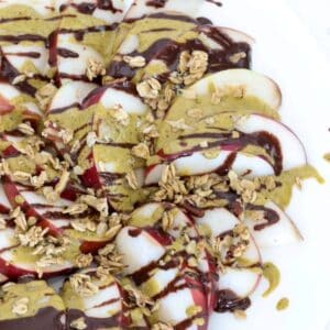 Dubai-Style Apple Nachos on a white plate.