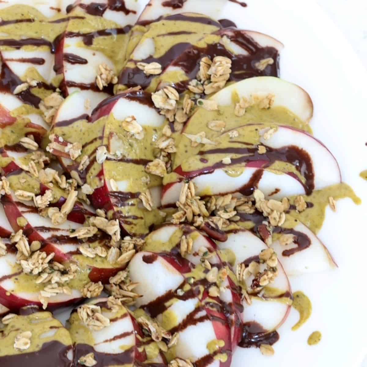 Dubai-Style Apple Nachos on a white plate.