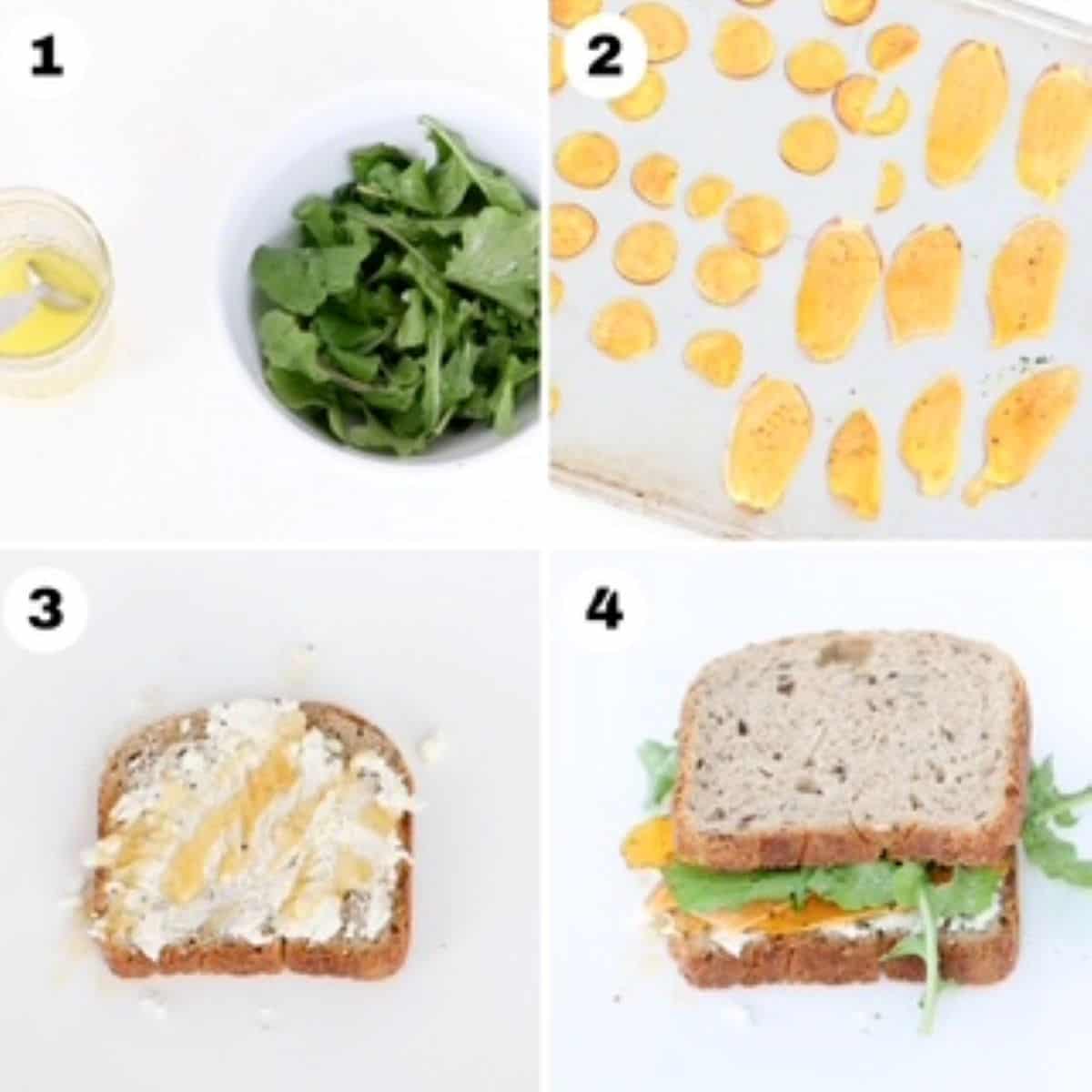 Four numbered images showing how to make a Goat Cheese Sandwich with Veggies.