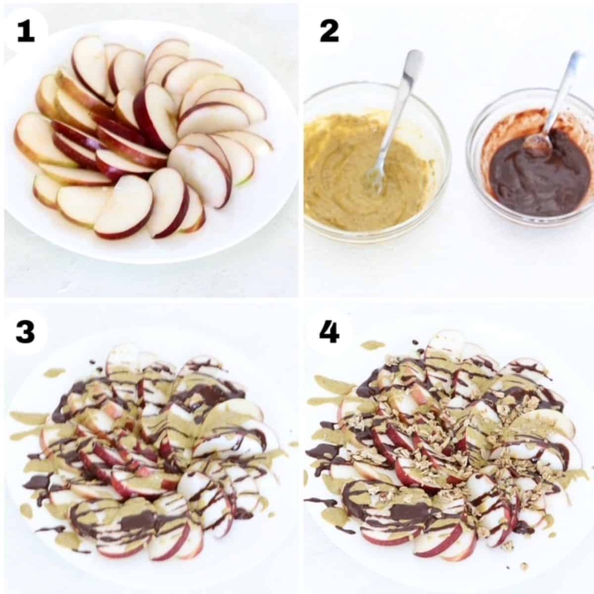 Four numbered images showing how to make Dubai-style apple nachos.