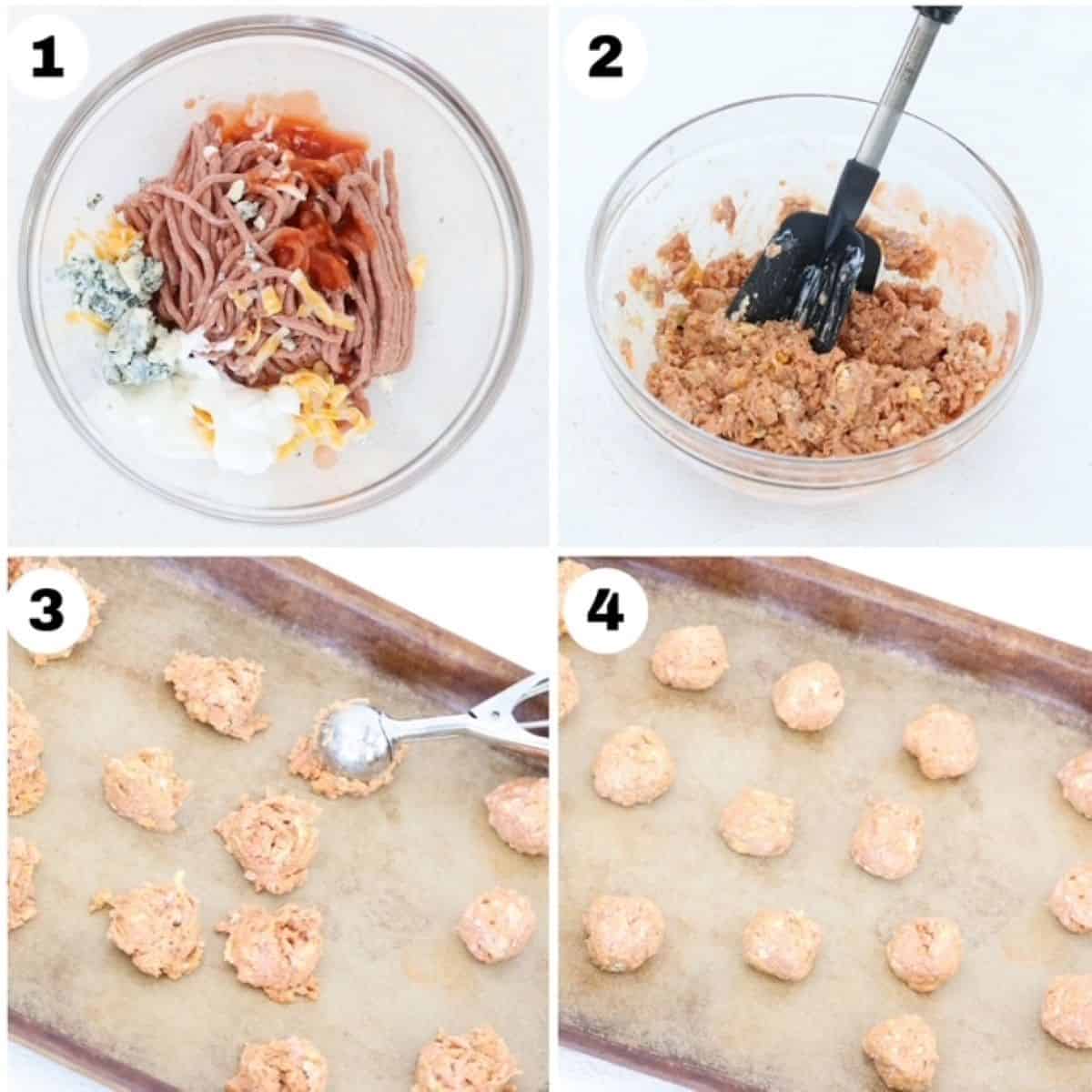 Four numbered images showing how to make buffalo chicken meatballs.